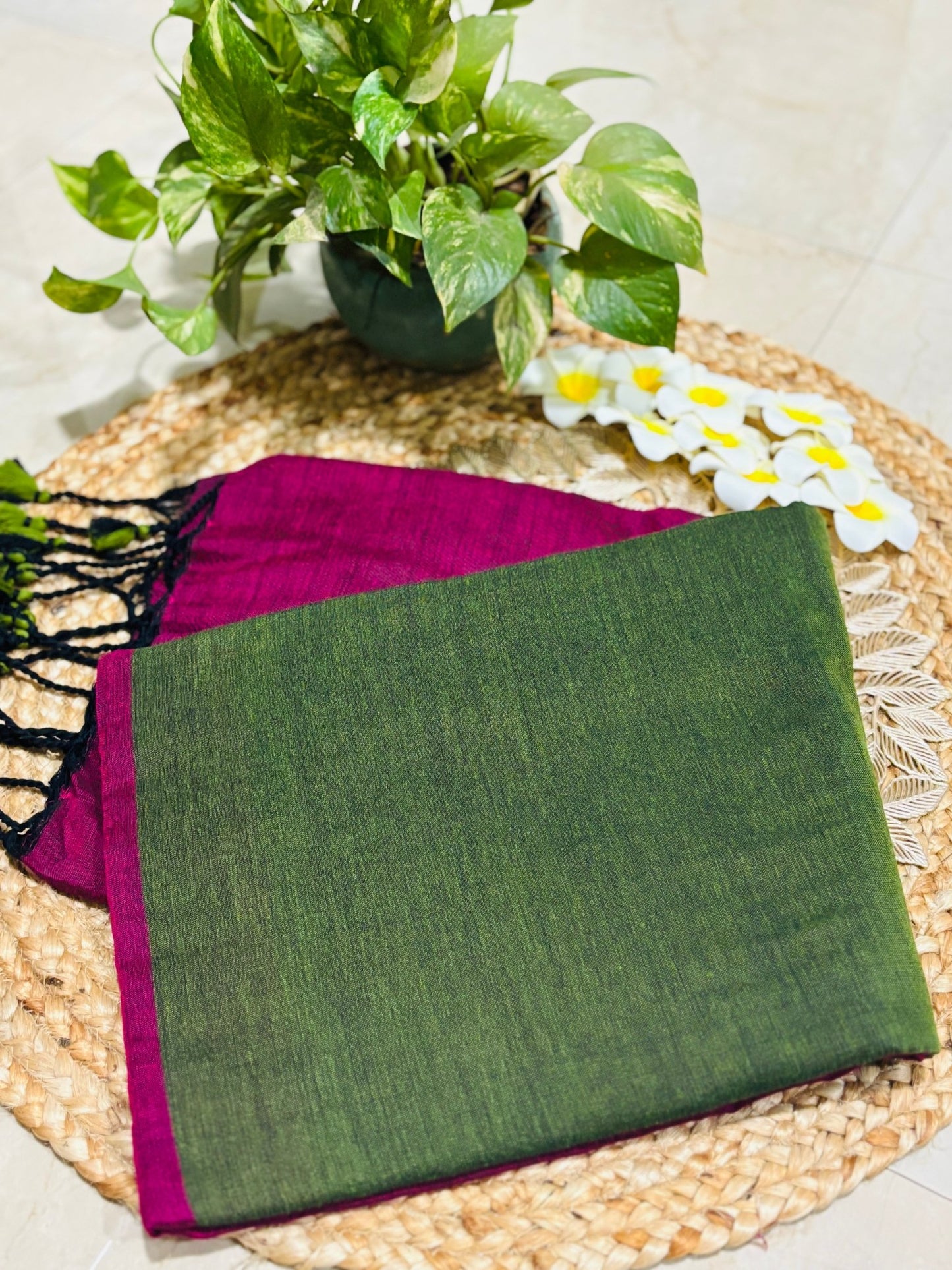 HOK0705 - Malika Khadi - Mehendi Green & Rani Pink - House of Kateelam