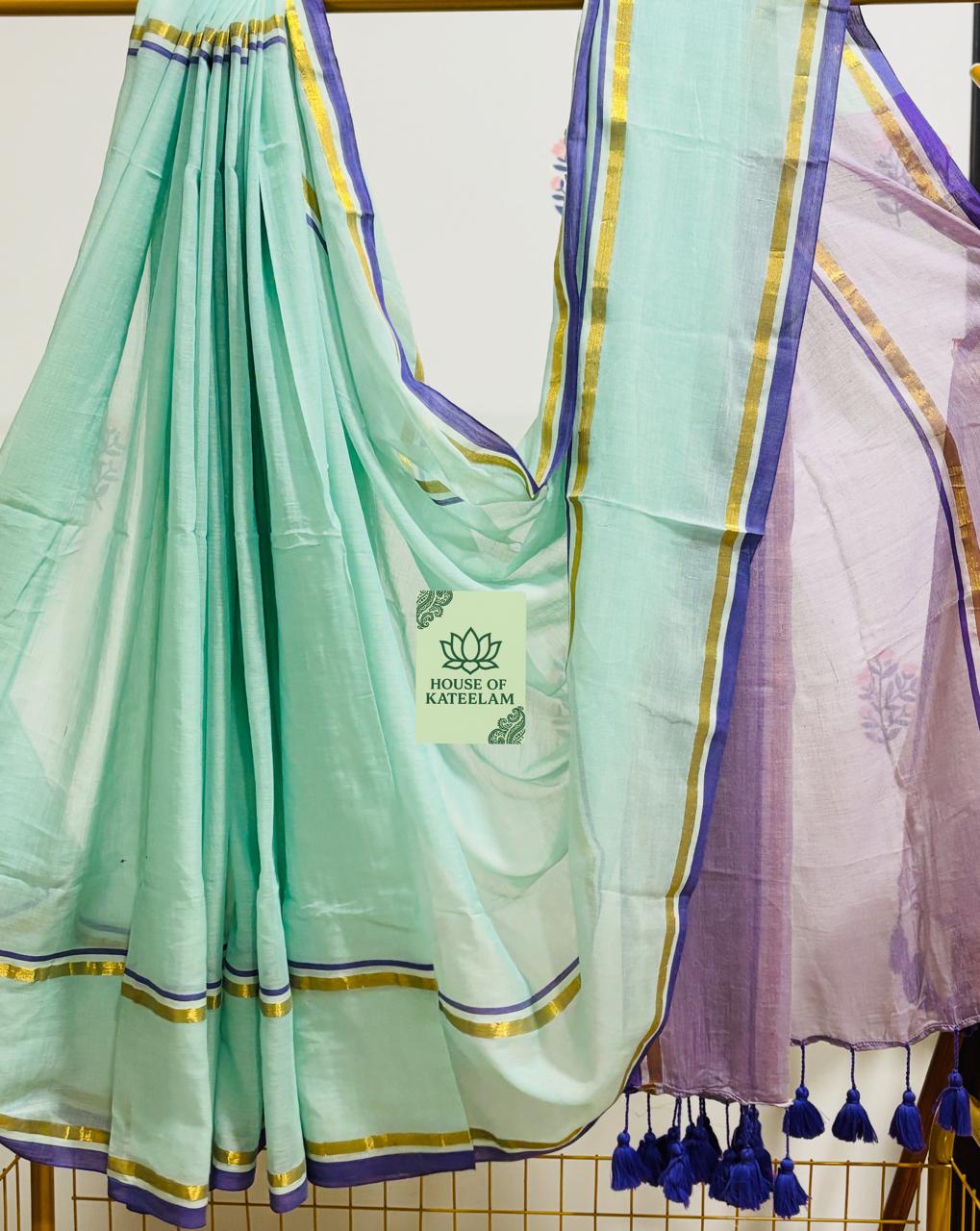 HOK2704 - Onam Kasavu - Sea Green Purple Gold - House of Kateelam