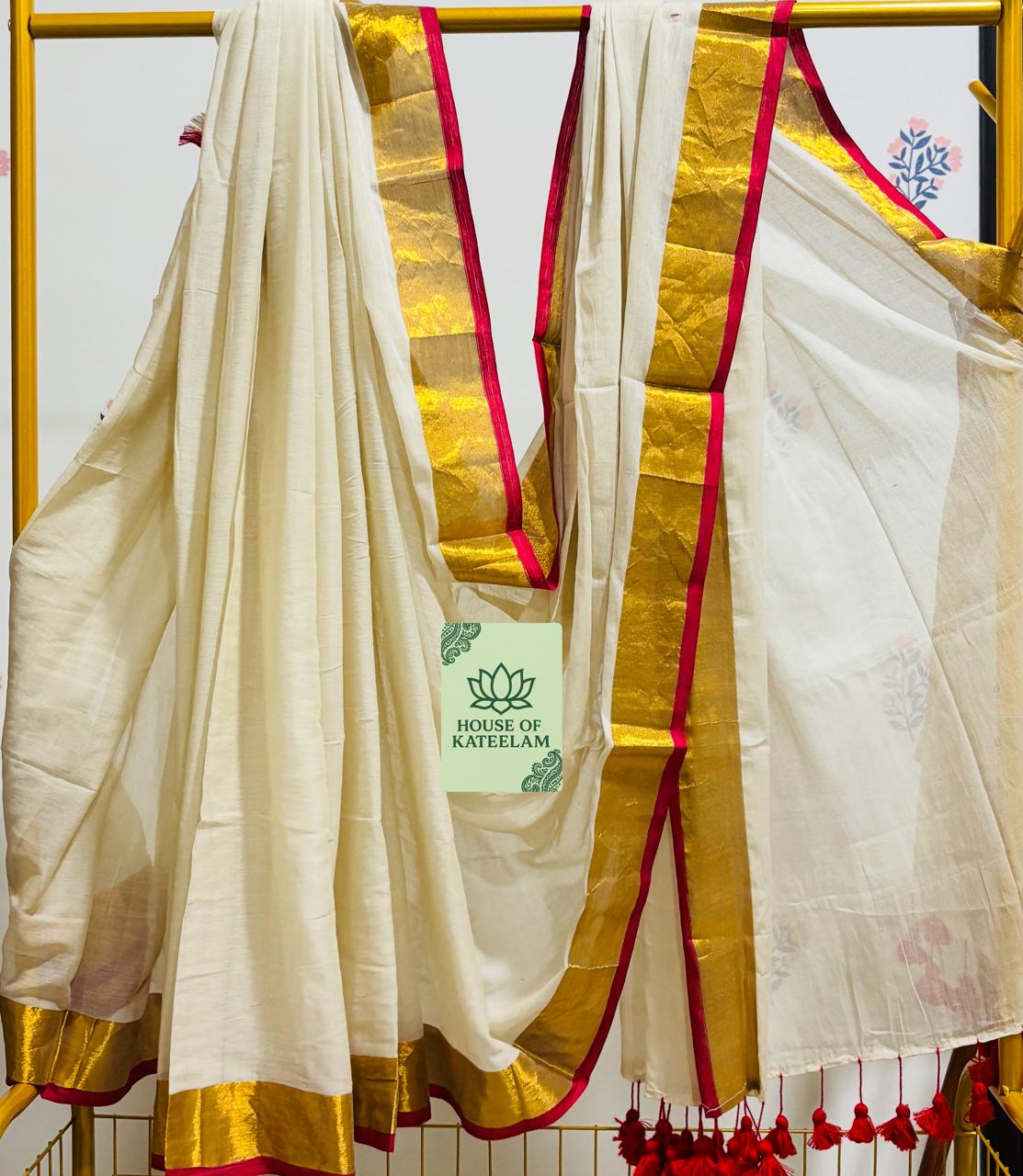 HOK2706 - Onam Kasavu - White Red Gold - House of Kateelam