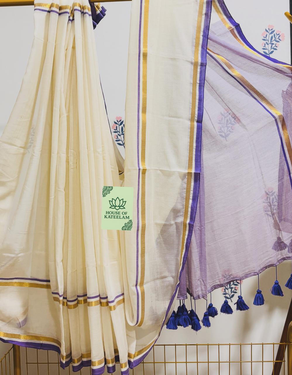 HOK2707 - Onam Kasavu - White Purple Gold - House of Kateelam