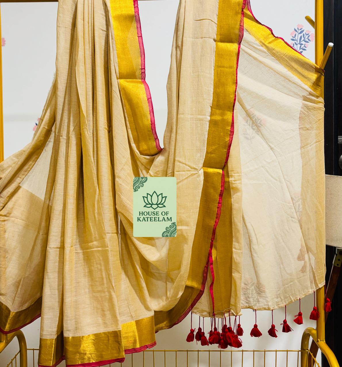 HOK2708 - Onam Kasavu - Beige Gold Red - House of Kateelam