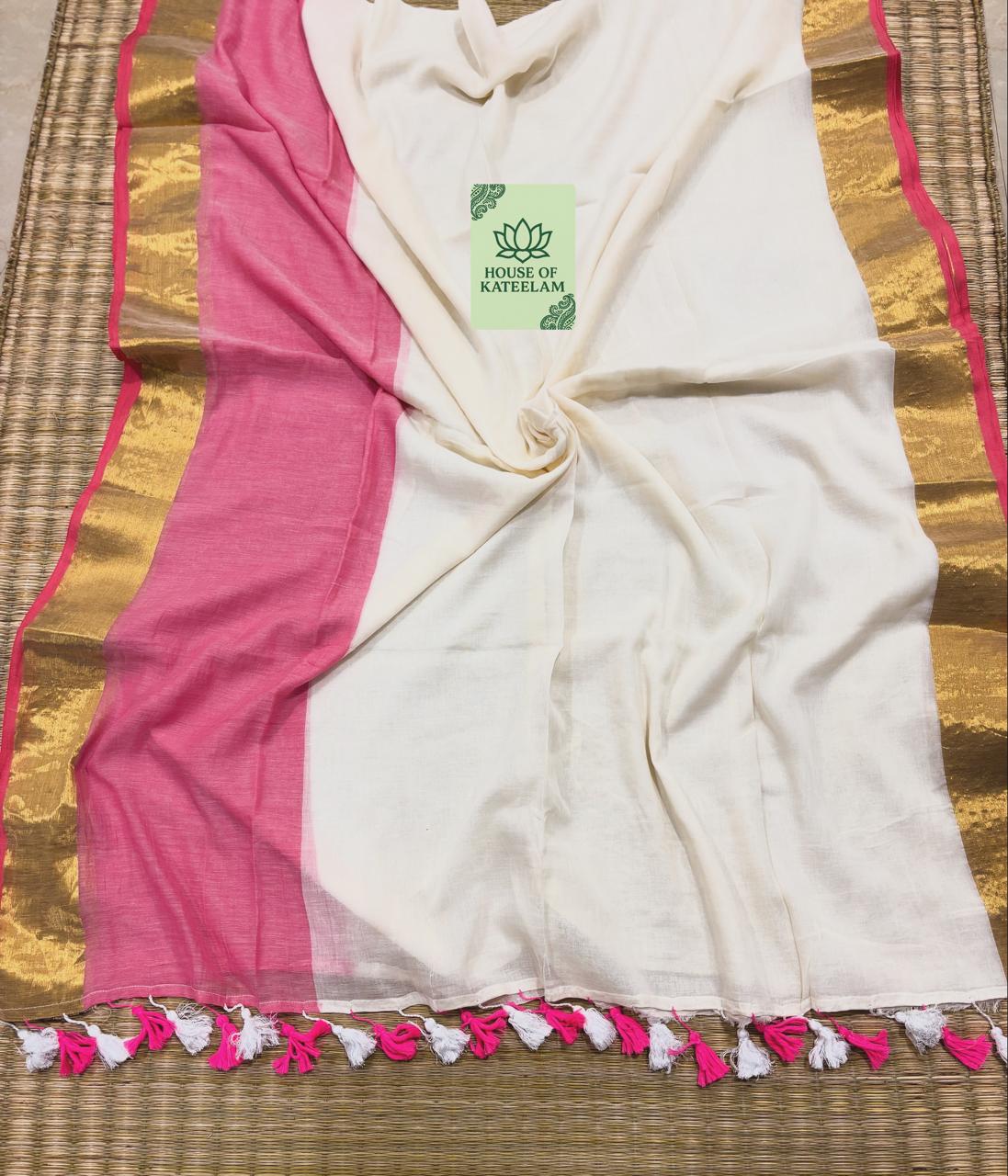 HOK2722 - Onam Kasavu - Pink & White - House of Kateelam