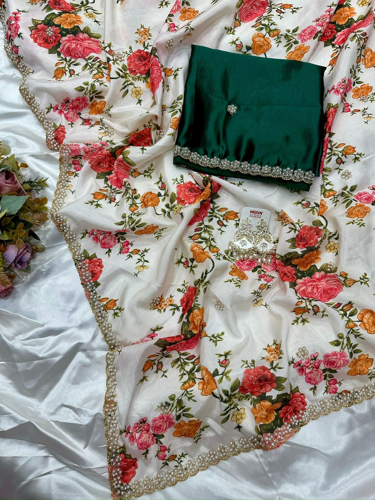 HOK7202 - Kaveri - Cream with Green Blouse - House of Kateelam