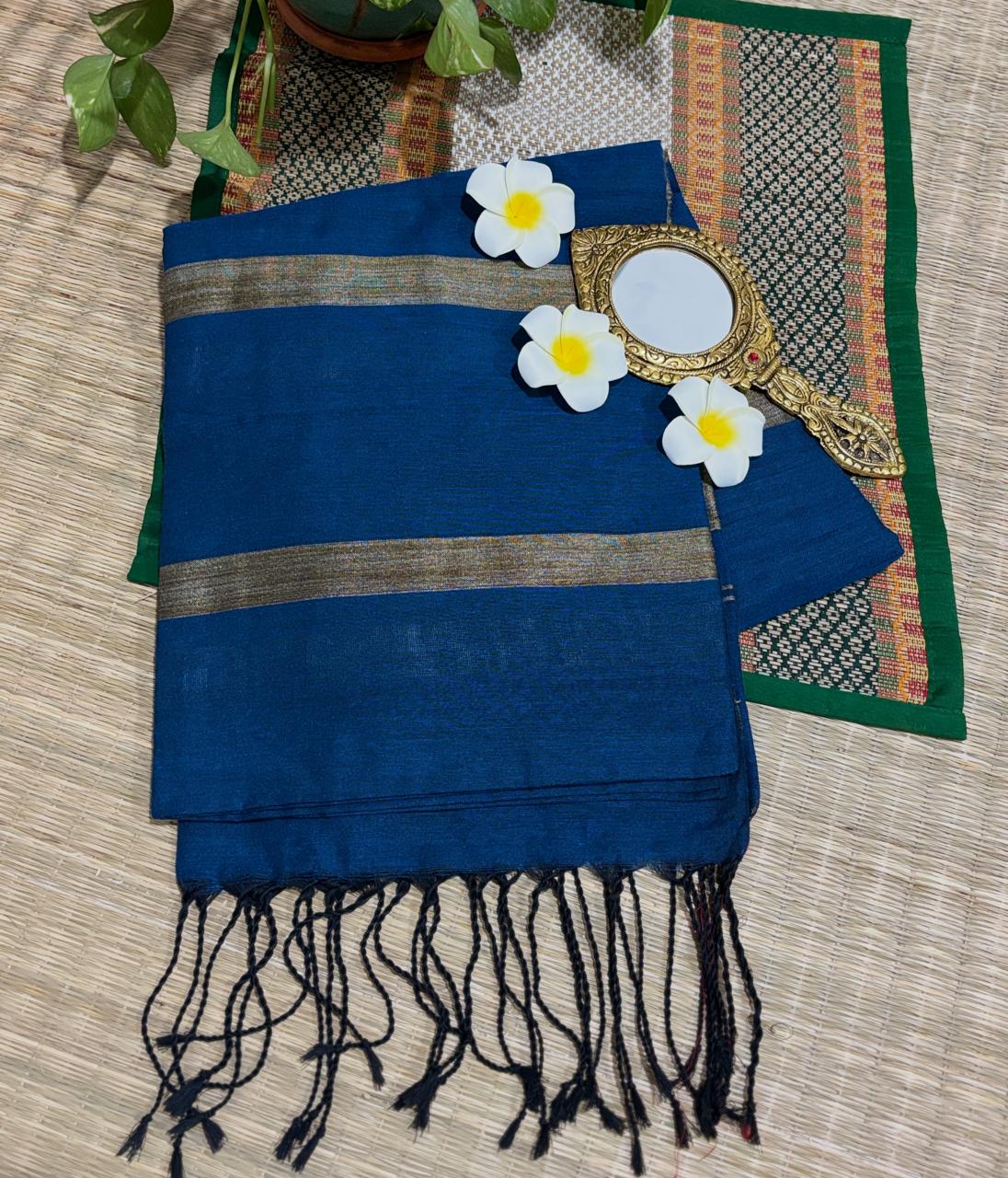 HOK0901- Madhavi- Ghicha Khaadi Stripe Pallu- Blue