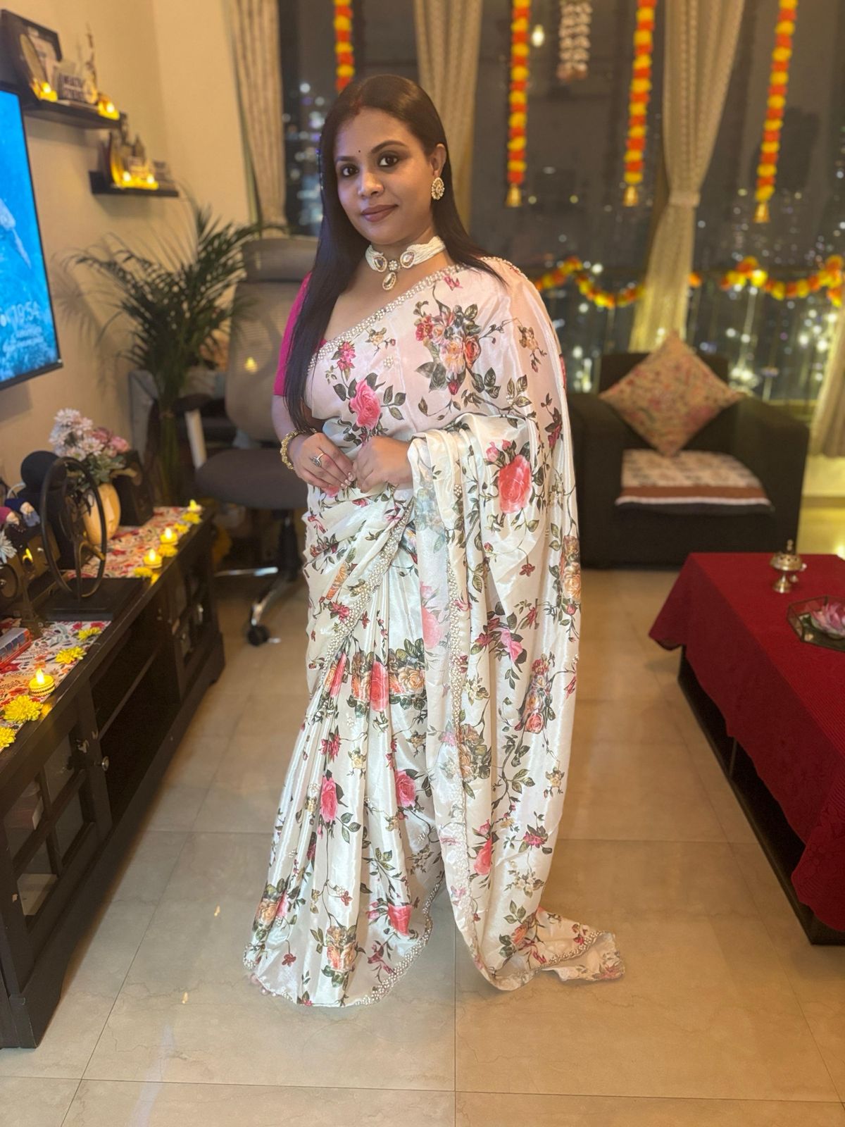 HOK7204- Kaveri- Cream with Pink Blouse