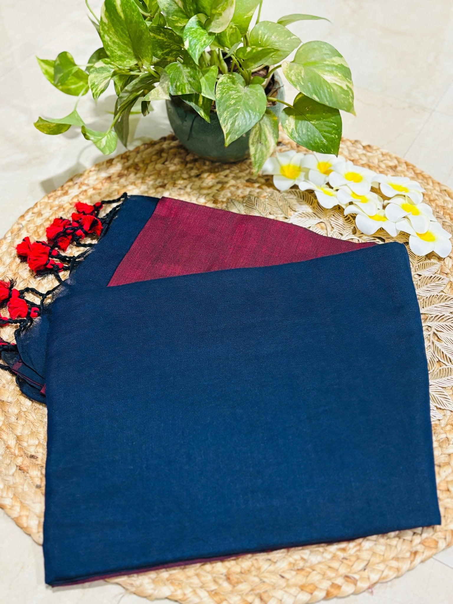 HOK0704 - Malika Khadi - Navy Blue & Maroon - House of Kateelam
