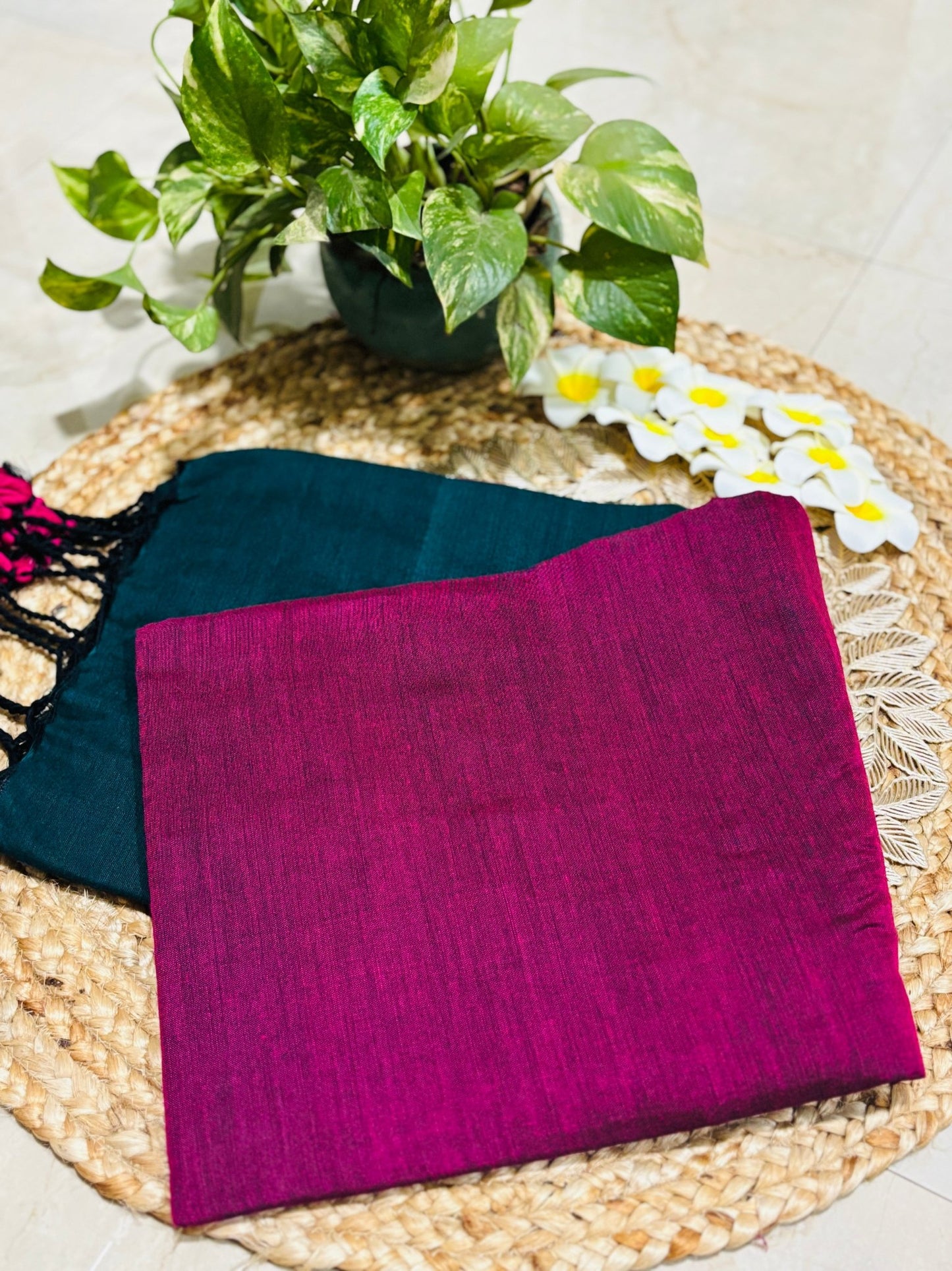 HOK0707 - Malika Khadi - Green & Rani Pink - House of Kateelam