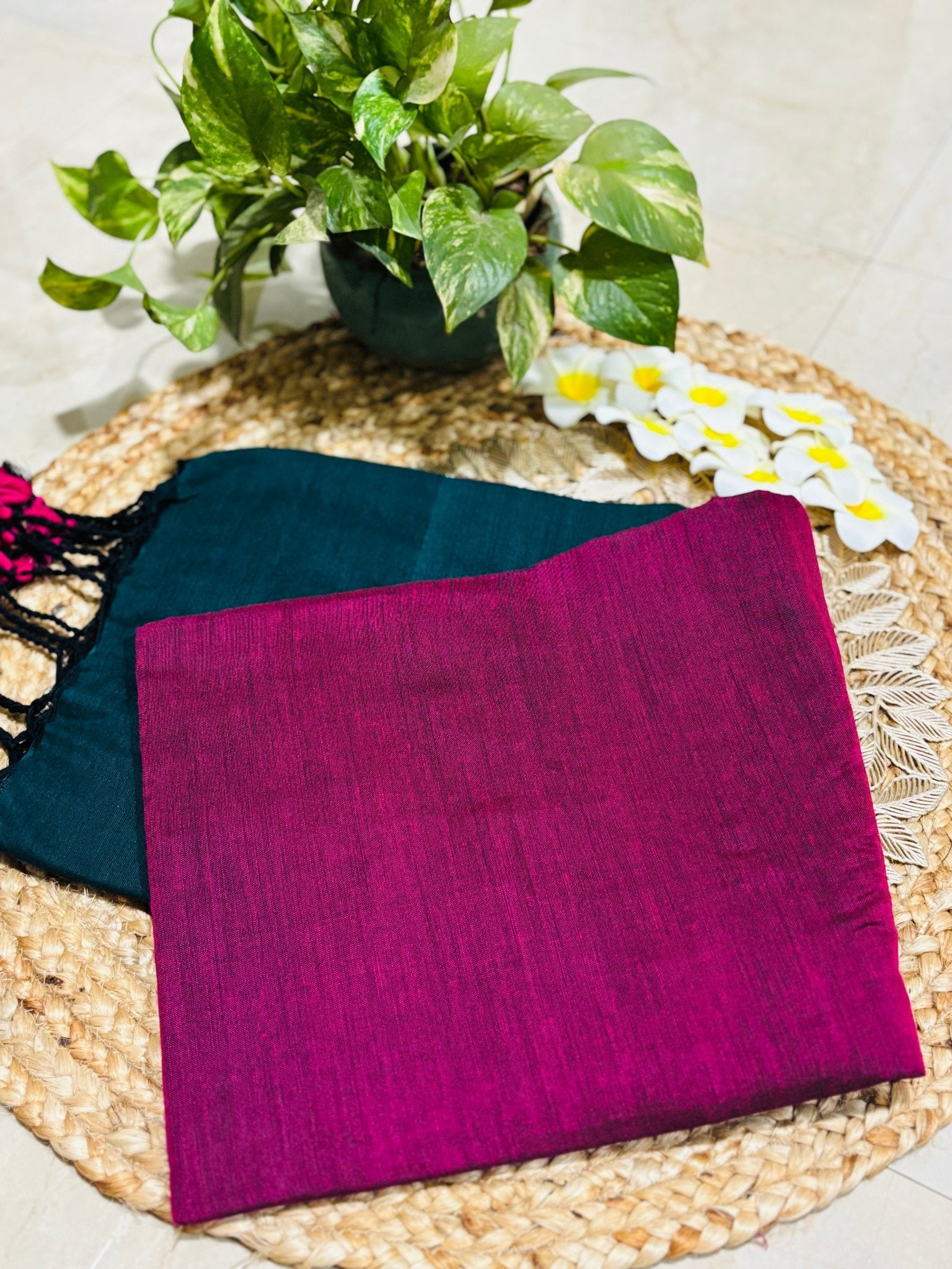 HOK0707 - Malika Khadi - Green & Rani Pink - House of Kateelam