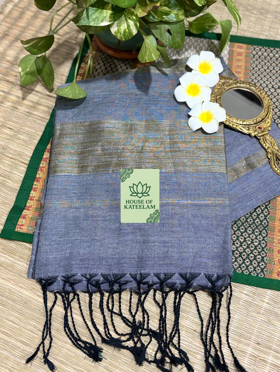 HOK0905 - Madhavi - Ghicha Khaadi Stripe Pallu - Grey - House of Kateelam