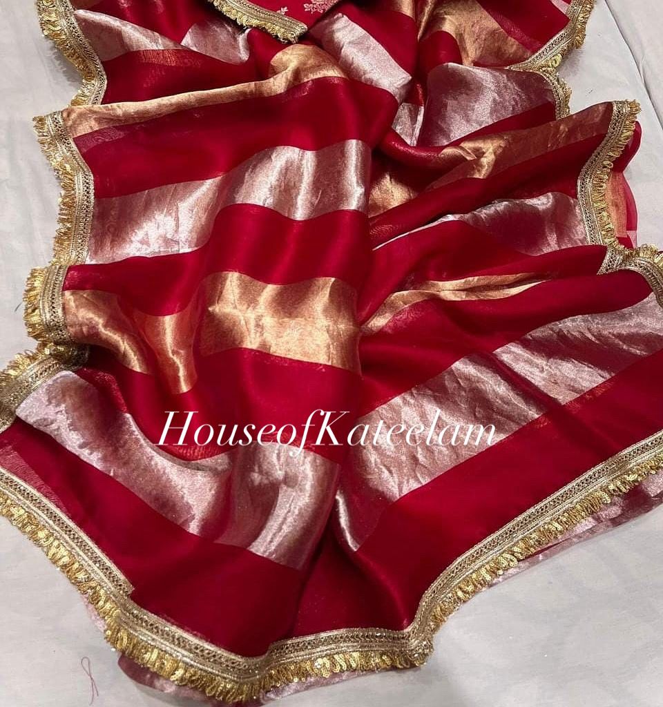 HOK1611 - Utsav - Red Gold Silver Stripe - House of Kateelam