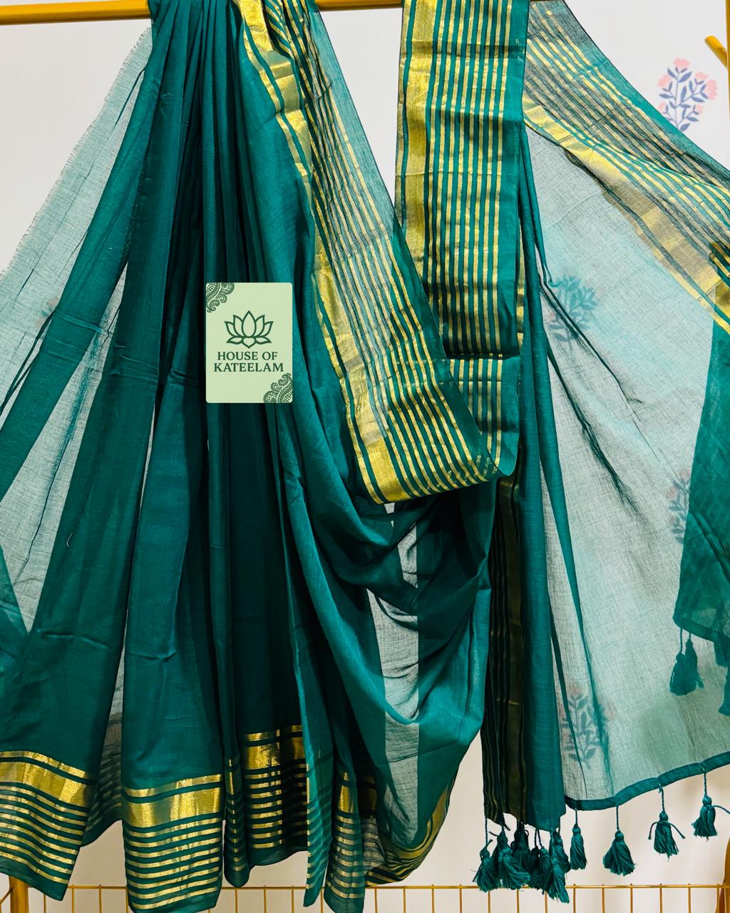 HOK2702 - Onam Kasavu - Green Stripes - House of Kateelam