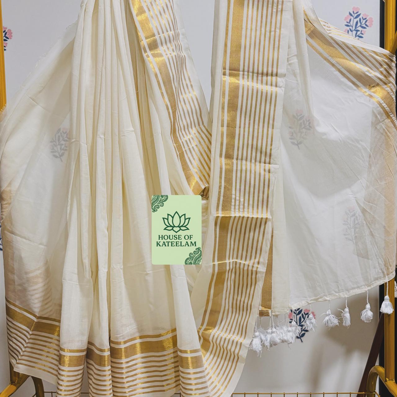 HOK2705 - Onam Kasavu - White broad golden stripe - House of Kateelam