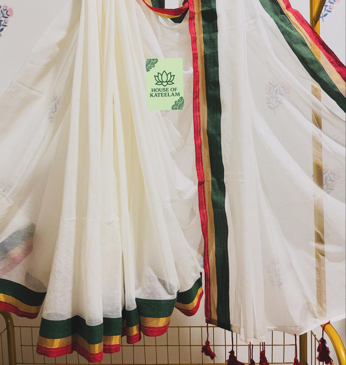 HOK2720 - Onam Kasavu - White Green Gold Red - House of Kateelam