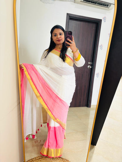 HOK2722 - Onam Kasavu - Pink & White - House of Kateelam