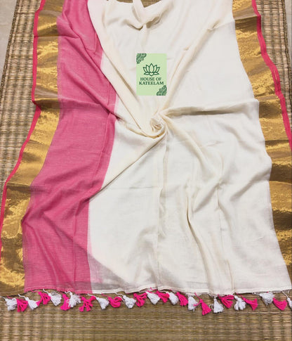 HOK2722 - Onam Kasavu - Pink & White - House of Kateelam