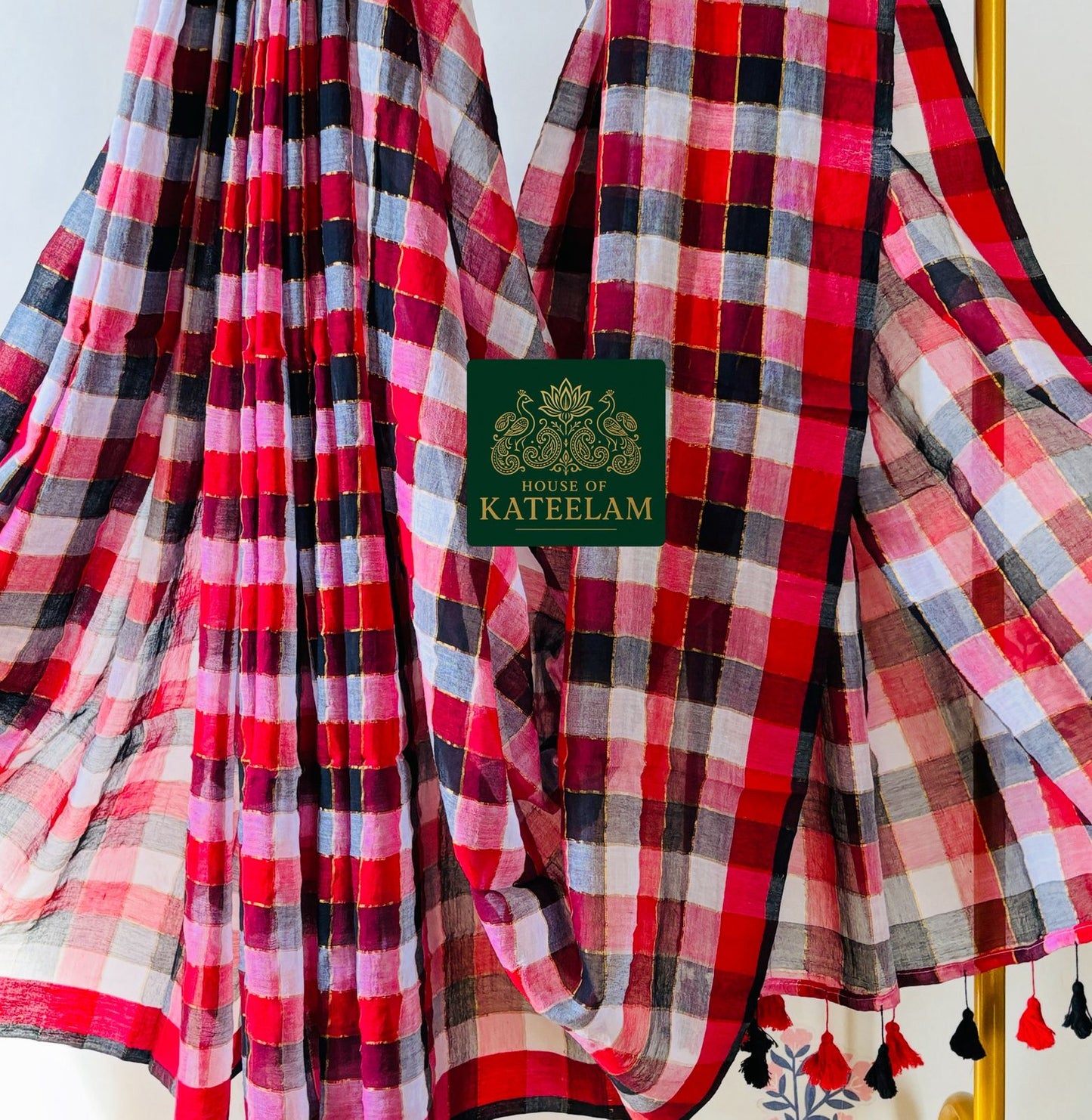 HOK2814 - Gamcha - Black Red Zari Checks - House of Kateelam