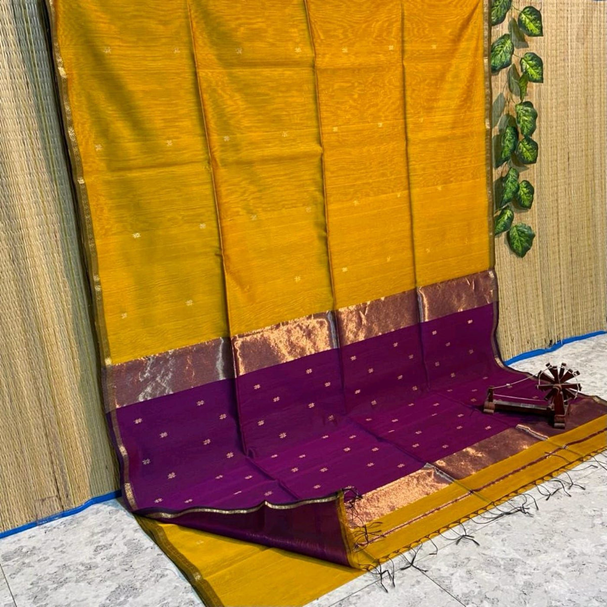 HOK4417- Maheshwari- Mustard Yellow with Purple