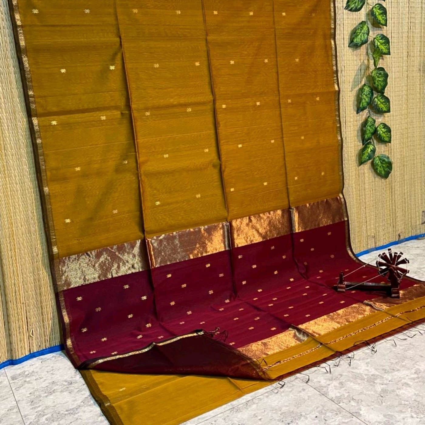 HOK4418 - Maheshwari - Mustard Yellow with Maroon - House of Kateelam