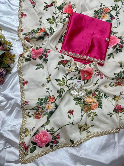 HOK7204 - Kaveri - Cream with Pink Blouse - House of Kateelam